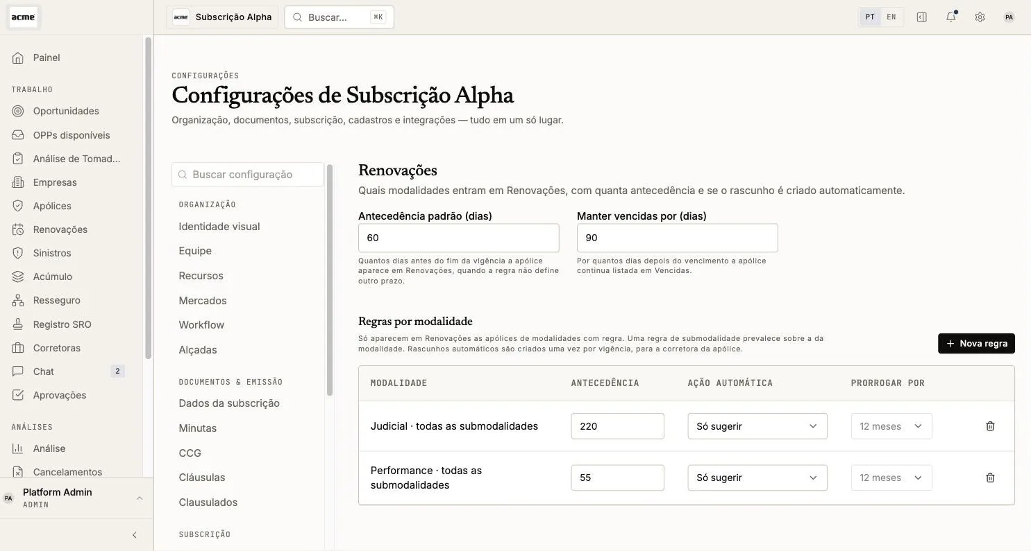 Renewals settings screen, with the default lead time and the rules per bond type